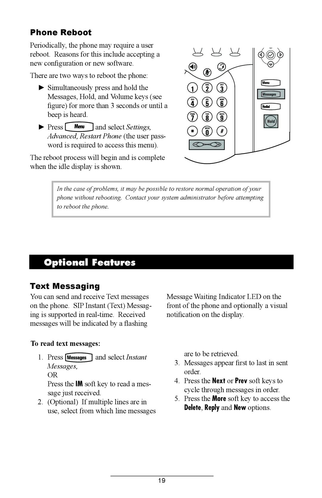 Polycom IP 430 SIP 2.0 manual Optional Features, To read text messages, Messages, Delete, Reply and New options 