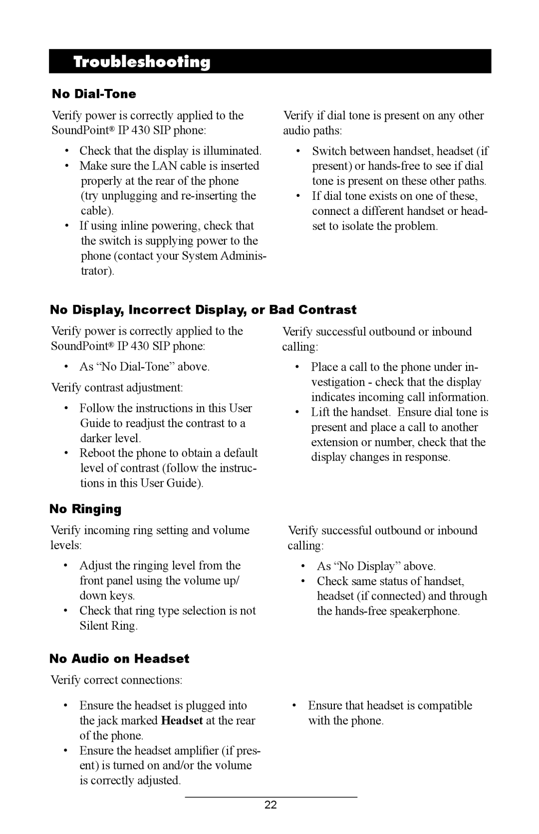 Polycom IP 430 SIP 2.0 manual Troubleshooting, No Dial-Tone, No Display, Incorrect Display, or Bad Contrast, No Ringing 