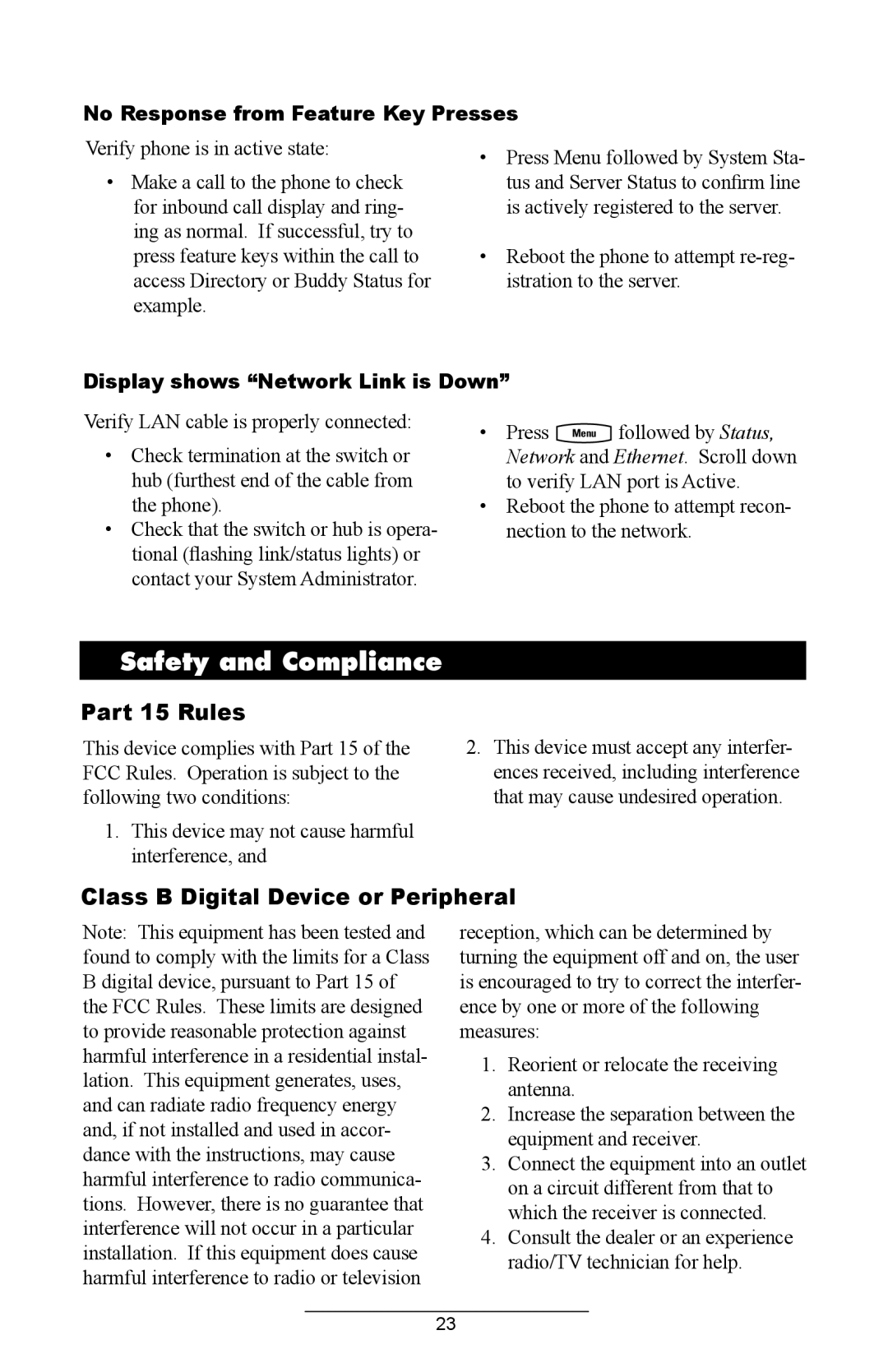 Polycom IP 430 SIP 2.0 Safety and Compliance, No Response from Feature Key Presses, Display shows Network Link is Down 