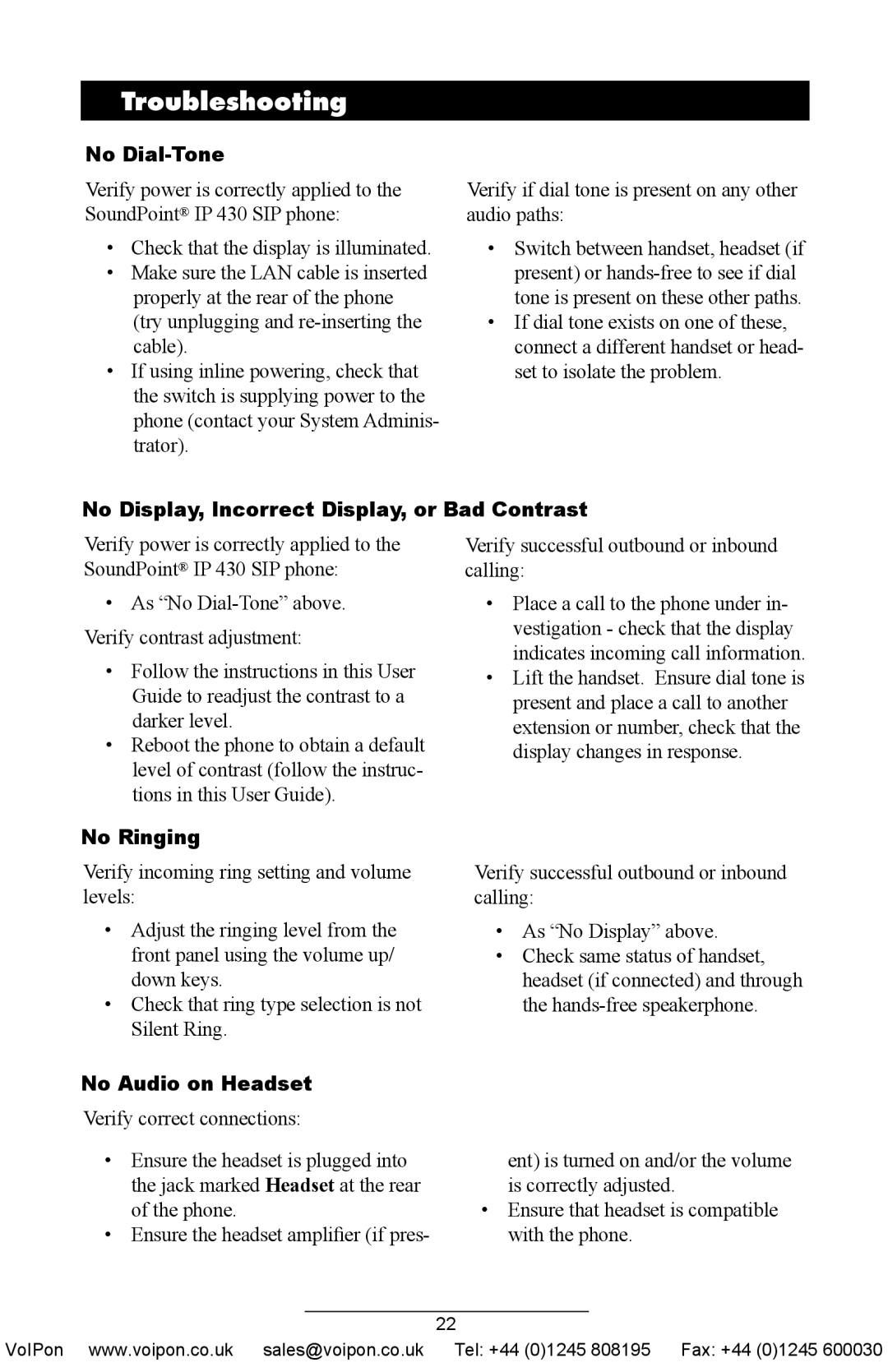 Polycom IP 430 SIP manual Troubleshooting, No Dial-Tone, No Display, Incorrect Display, or Bad Contrast, No Ringing 