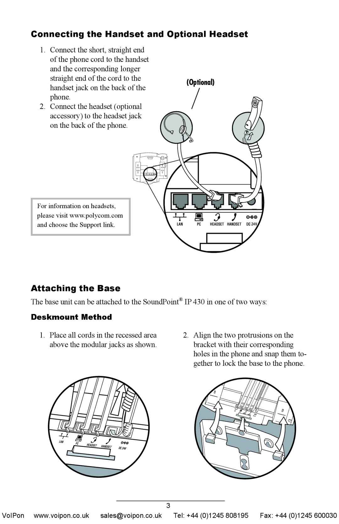 Polycom IP 430 SIP manual Connecting the Handset and Optional Headset, Attaching the Base, Deskmount Method 