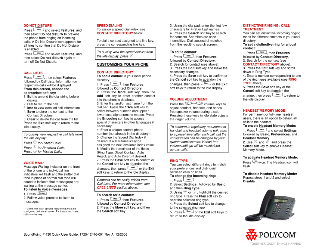 Polycom IP 430 Do not Disturb, Call Lists, Voice Mail, Speed Dialing, Contact Directory, Volume Adjustment, Ring Type 