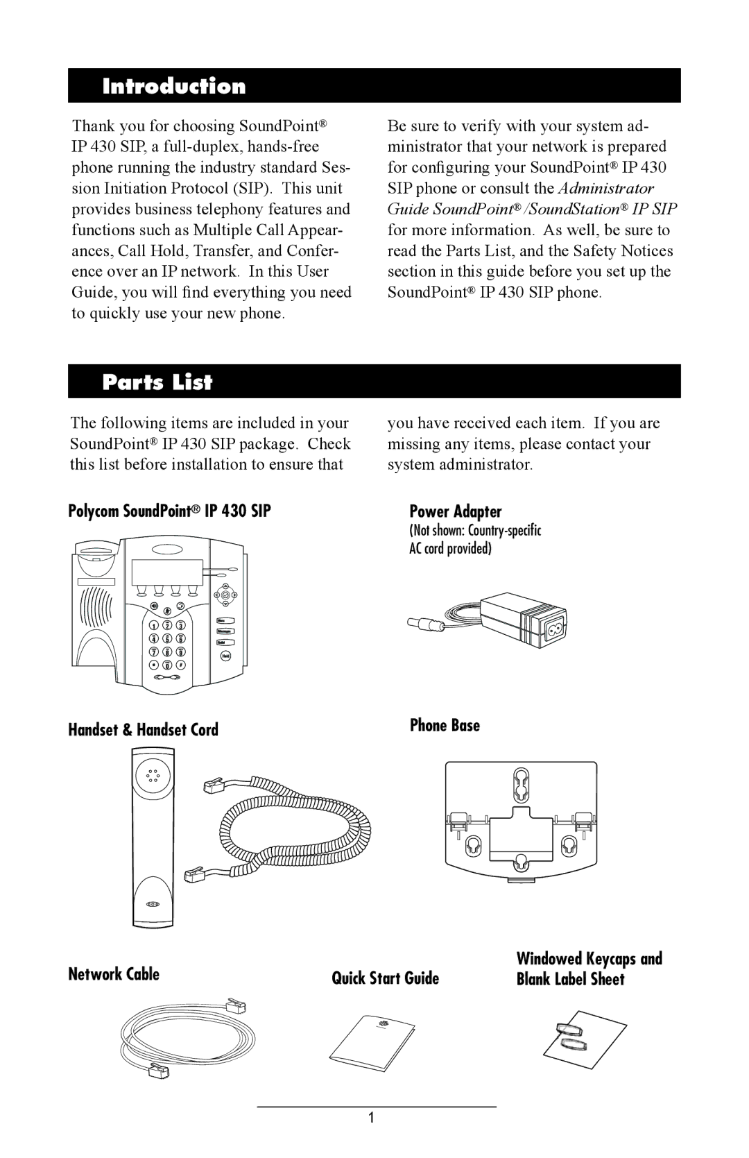 Polycom IP 430 manual Introduction, Parts List 