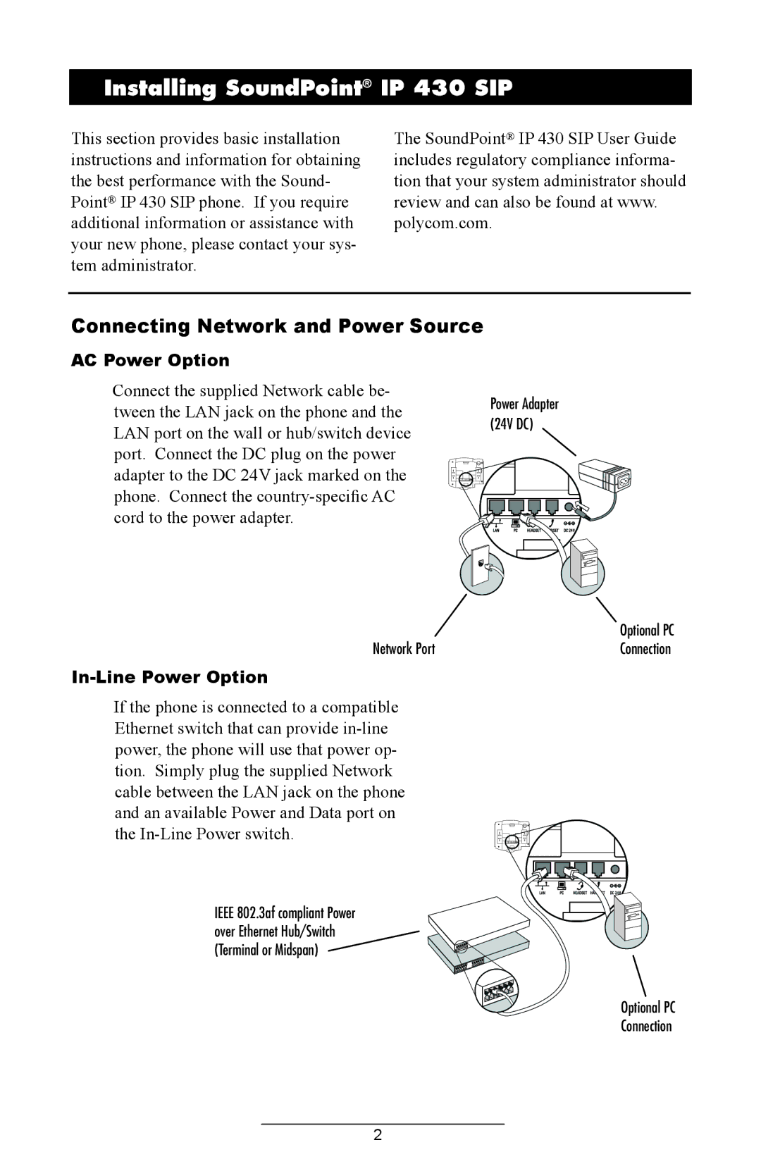 Polycom Installing SoundPoint IP 430 SIP, Connecting Network and Power Source, AC Power Option, In-Line Power Option 