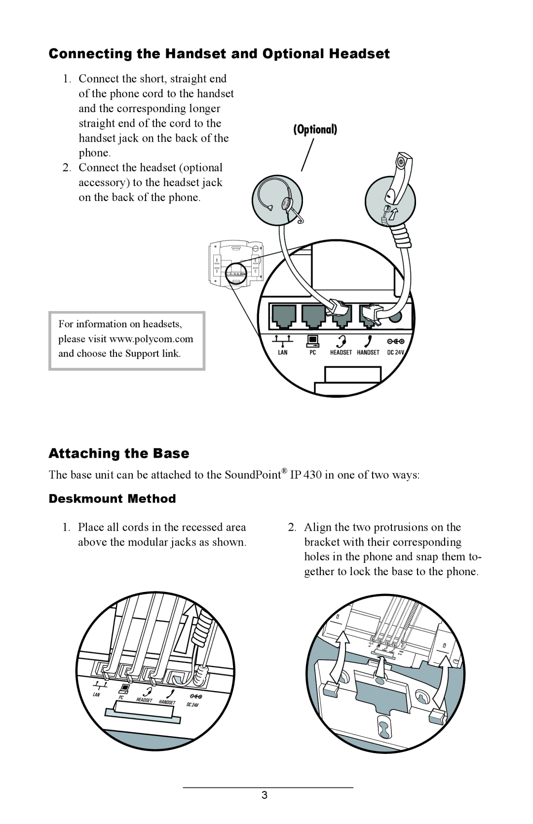 Polycom IP 430 manual Connecting the Handset and Optional Headset, Attaching the Base, Deskmount Method 