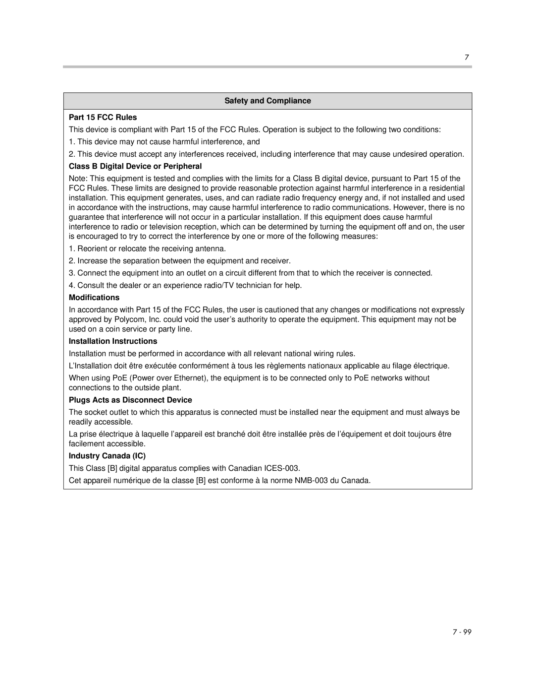 Polycom IP 450 manual Safety and Compliance Part 15 FCC Rules, Class B Digital Device or Peripheral, Modifications 