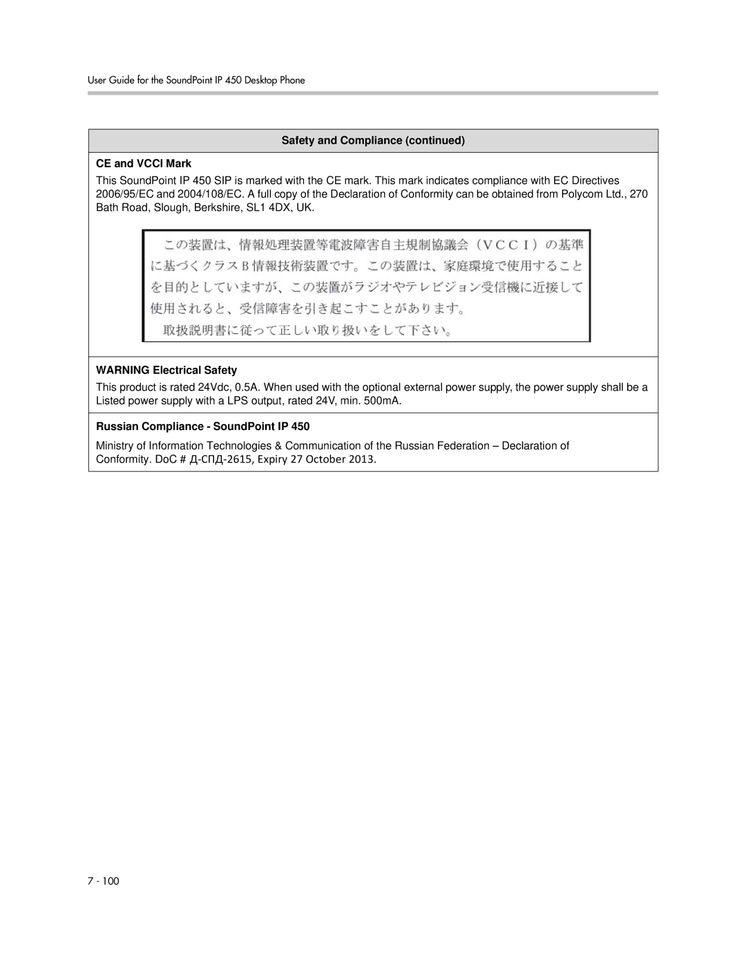 Polycom IP 450 manual Safety and Compliance CE and Vcci Mark, Russian Compliance SoundPoint IP 