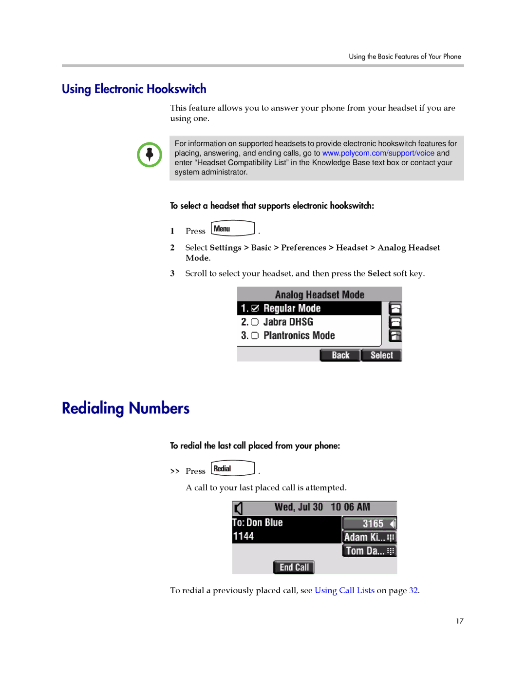 Polycom IP 450 manual Redialing Numbers, Using Electronic Hookswitch 