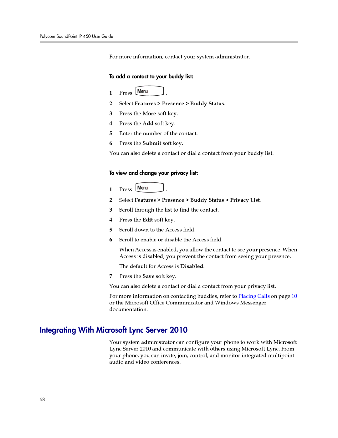 Polycom IP 450 manual Integrating With Microsoft Lync Server, Select Features Presence Buddy Status 