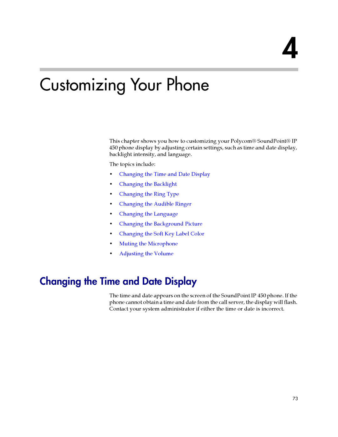 Polycom IP 450 manual Customizing Your Phone, Changing the Time and Date Display 