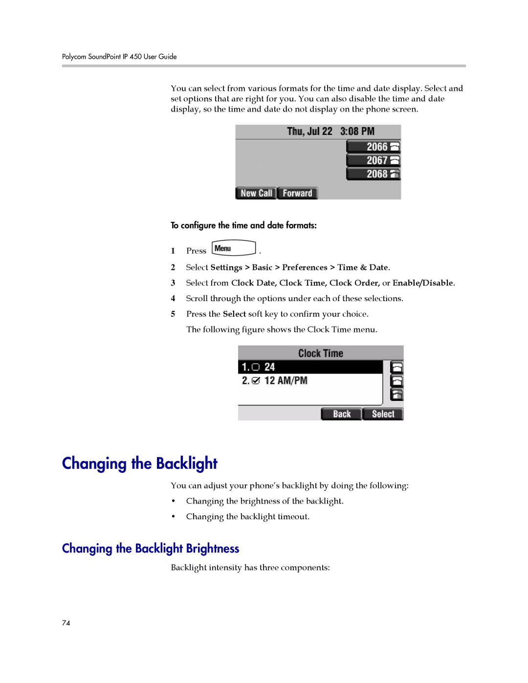 Polycom IP 450 manual Changing the Backlight Brightness 