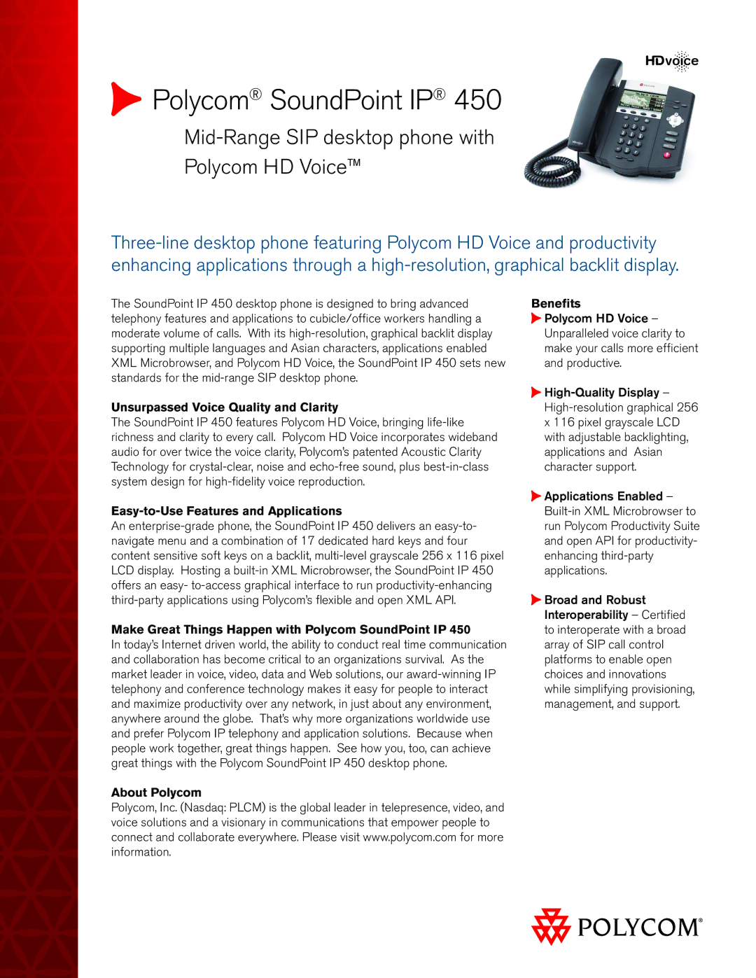 Polycom IP 450 manual Polycom SoundPoint IP, Mid-Range SIP desktop phone with Polycom HD Voice 