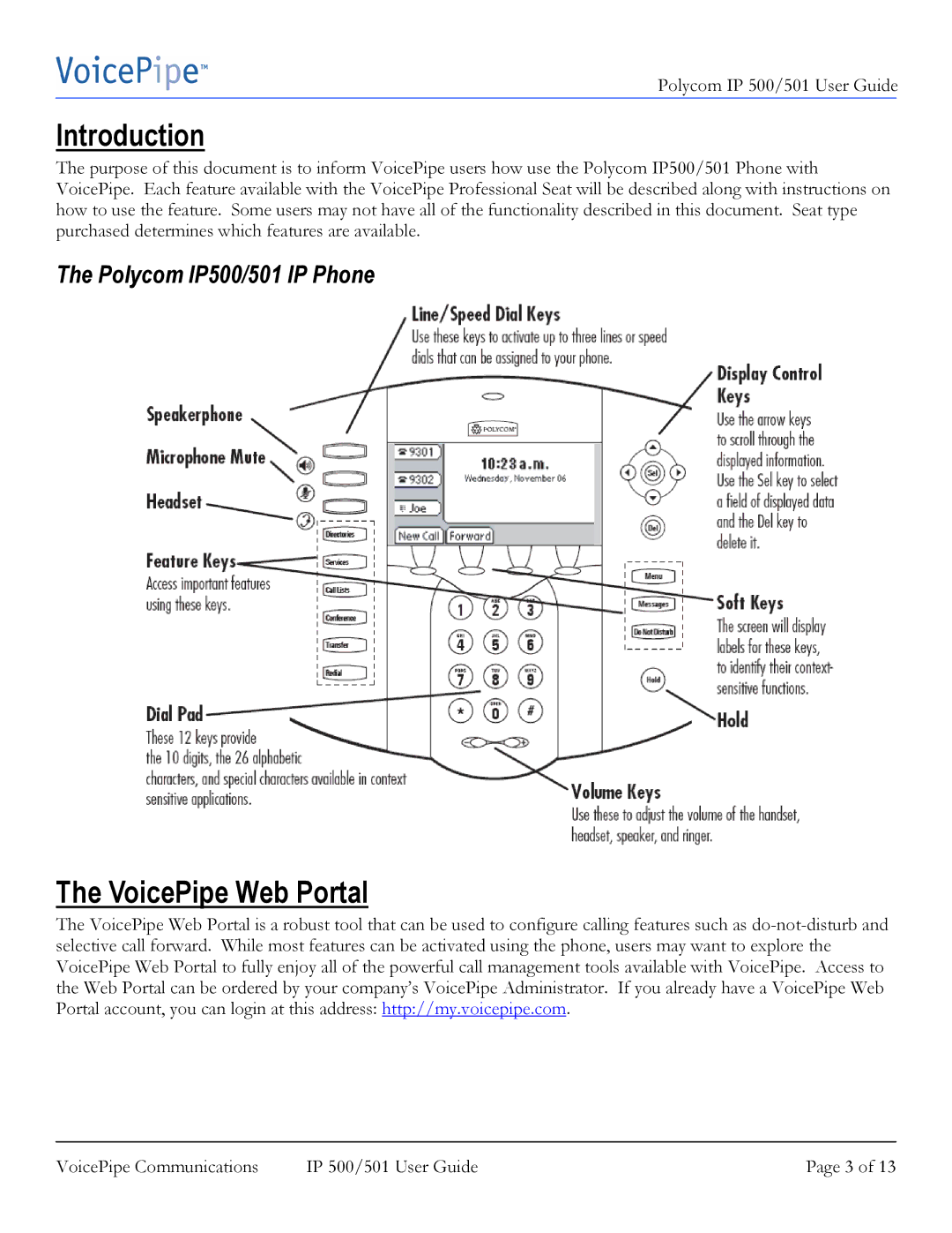 Polycom IP 500 manual Introduction, VoicePipe Web Portal, Polycom IP500/501 IP Phone 