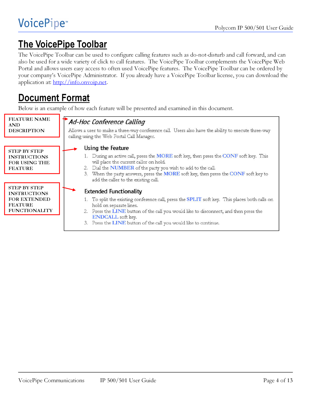 Polycom IP 500 manual VoicePipe Toolbar, Document Format 