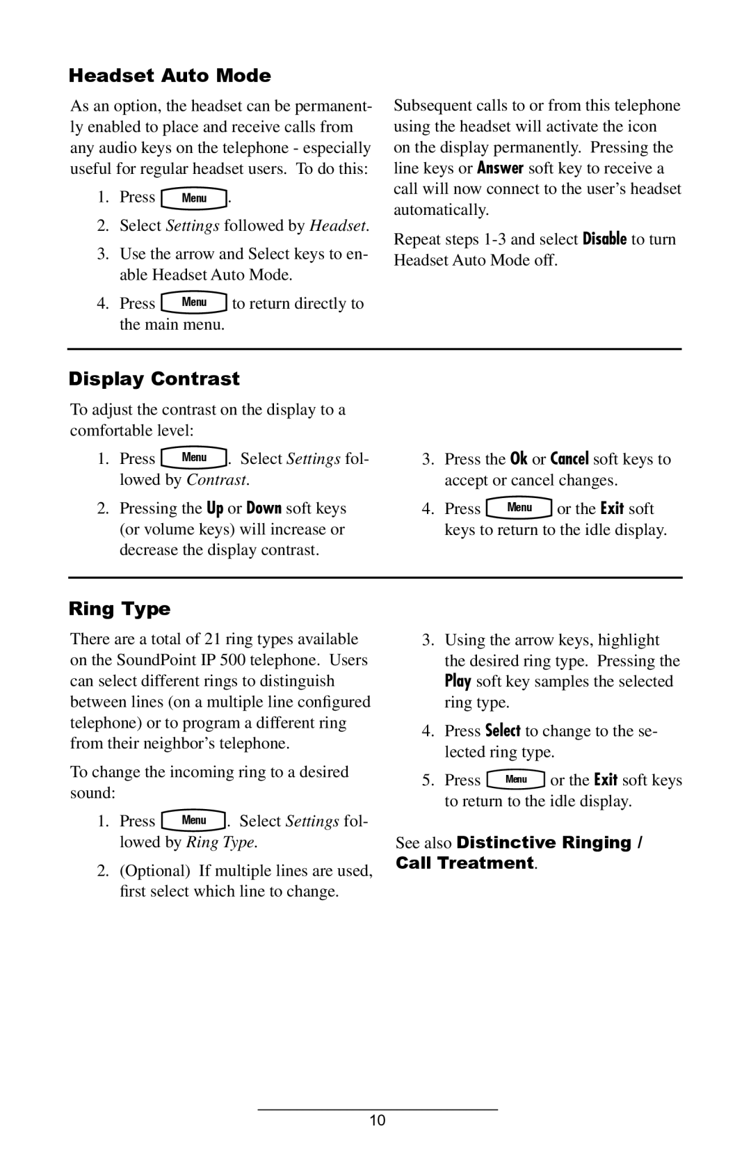 Polycom IP 500 manual Headset Auto Mode, Display Contrast, Ring Type, See also Distinctive Ringing / Call Treatment 