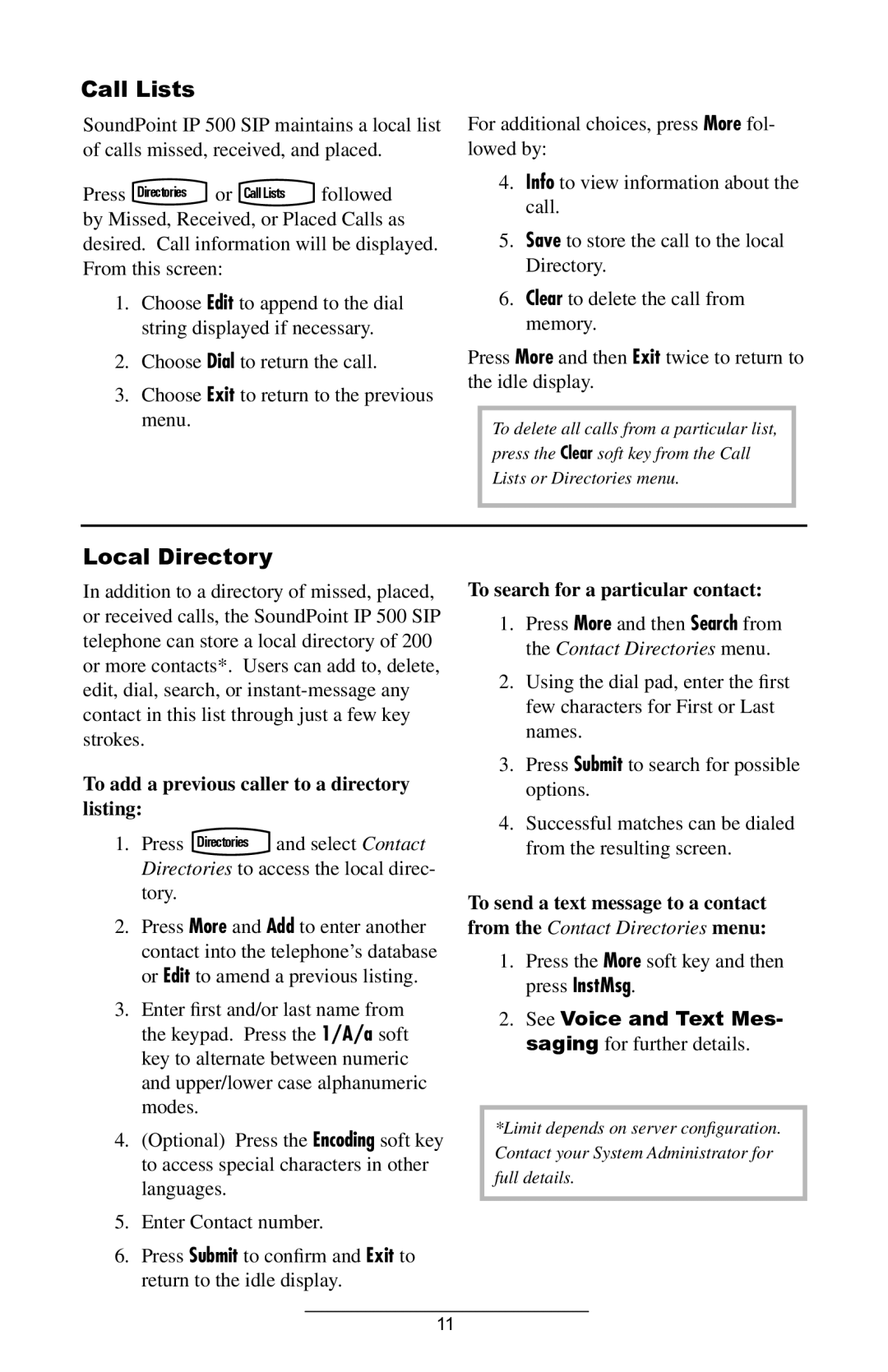 Polycom IP 500 manual Call Lists, Local Directory 