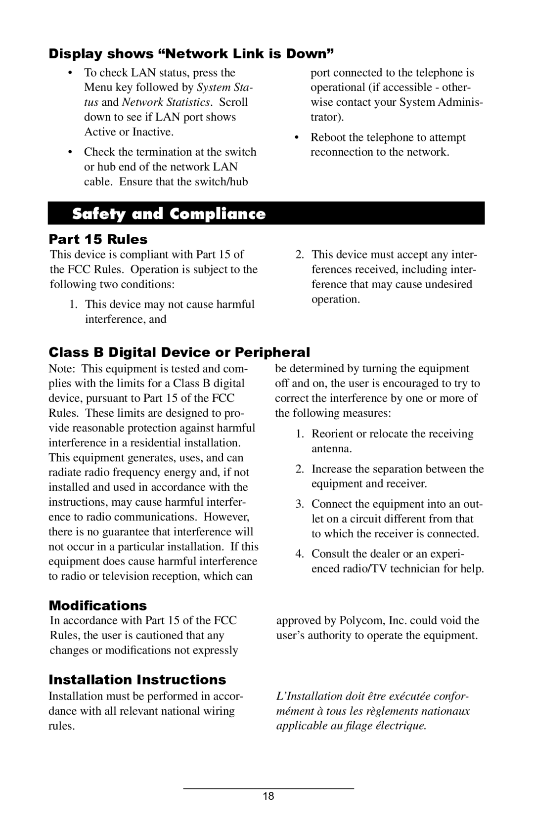 Polycom IP 500 manual Safety and Compliance, Display shows Network Link is Down, Class B Digital Device or Peripheral 