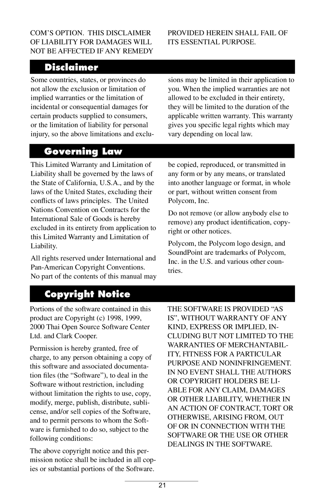 Polycom IP 500 manual Disclaimer, Governing Law, Copyright Notice 