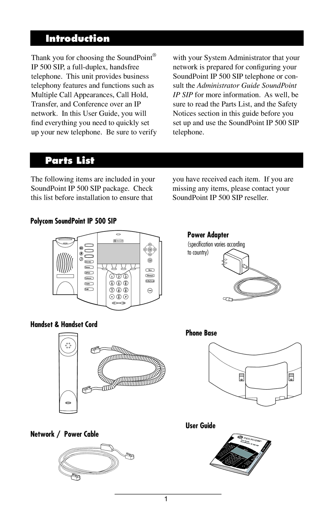 Polycom IP 500 manual Introduction, Parts List 