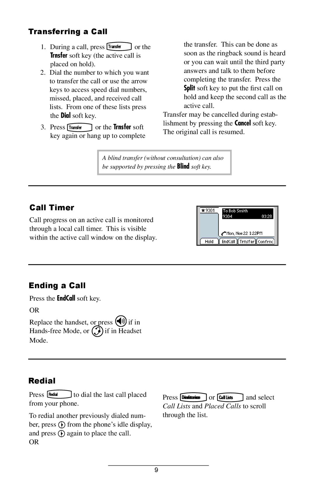 Polycom IP 500/501 SIP 2.0 manual Transferring a Call, Call Timer, Ending a Call, Redial 