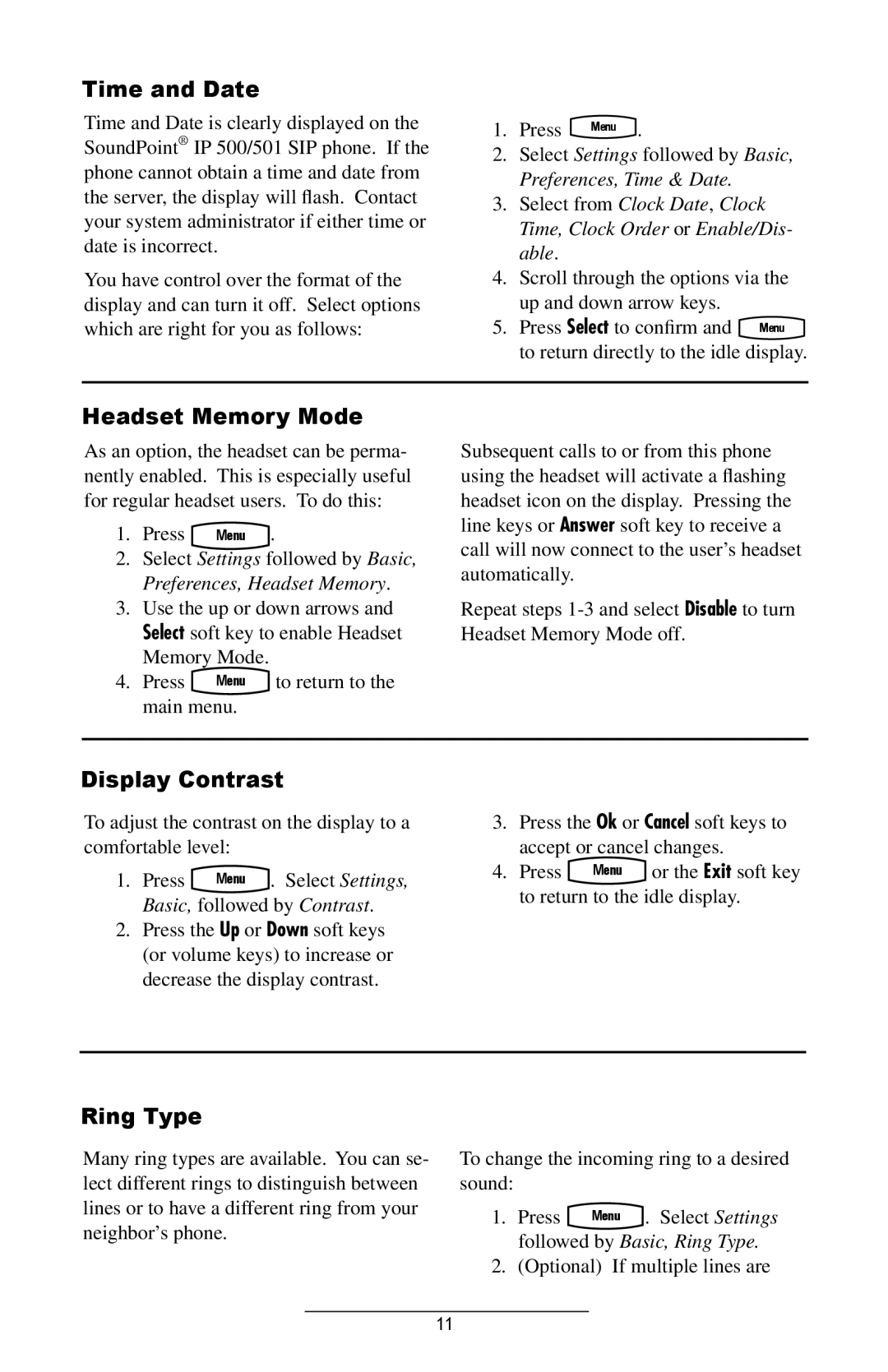 Polycom IP 500/501 SIP 2.0 manual Time and Date, Headset Memory Mode, Display Contrast, Ring Type 
