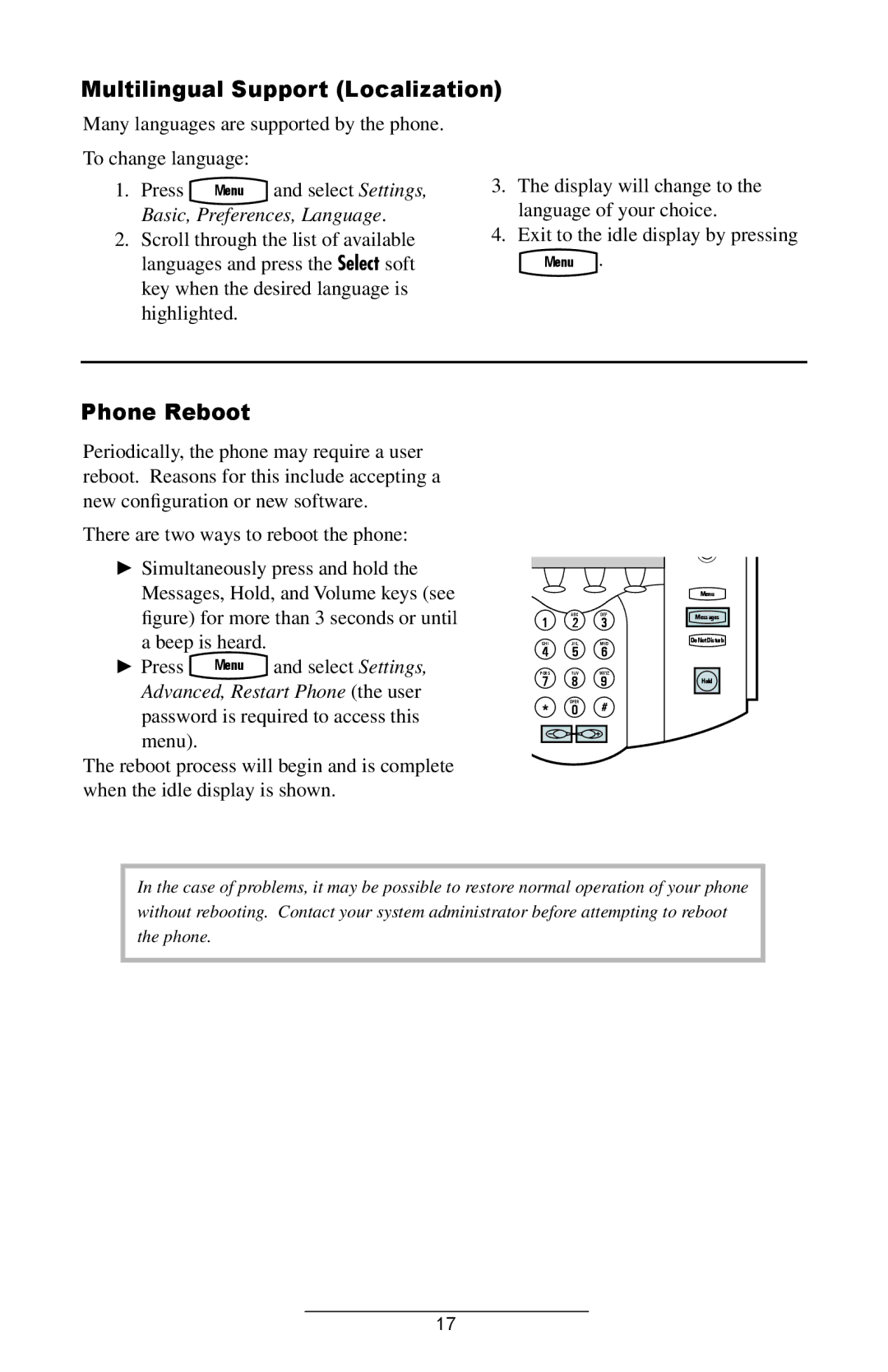 Polycom IP 500/501 SIP 2.0 manual Multilingual Support Localization, Phone Reboot, Basic, Preferences, Language 