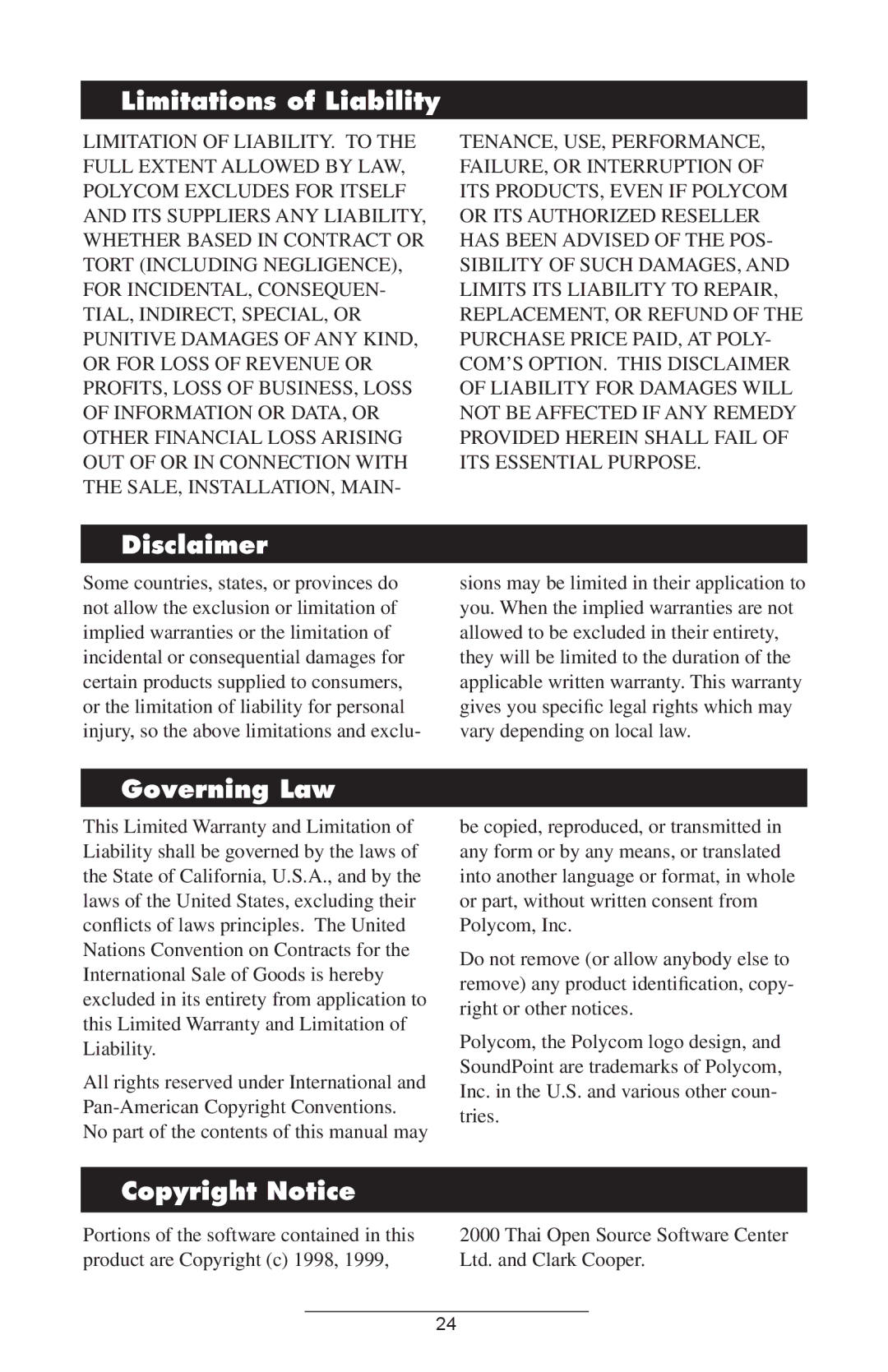 Polycom IP 500/501 SIP 2.0 manual Limitations of Liability, Disclaimer, Governing Law, Copyright Notice 