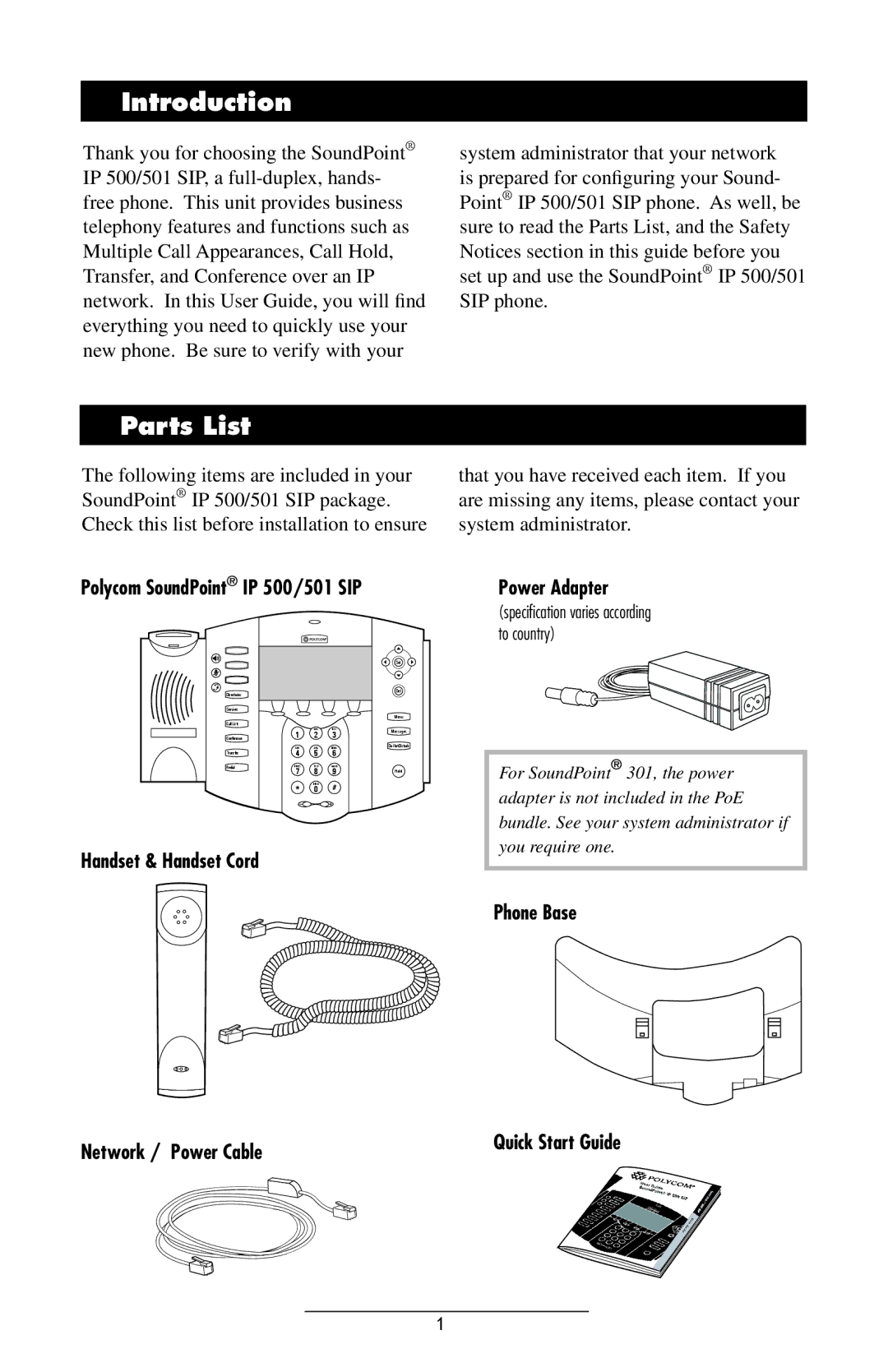 Polycom IP 500/501 SIP 2.0 manual Introduction, Parts List, Polycom SoundPoint IP 500/501 SIP, Phone Base Quick Start Guide 