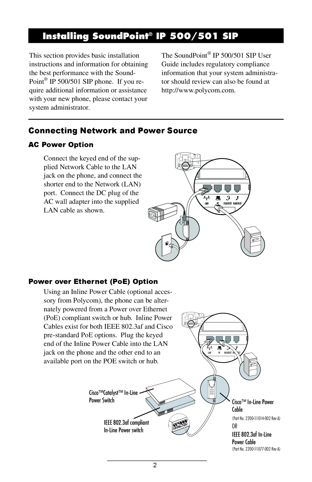 Polycom IP 500/501 SIP 2.0 Installing SoundPoint IP 500/501 SIP, Connecting Network and Power Source, AC Power Option 