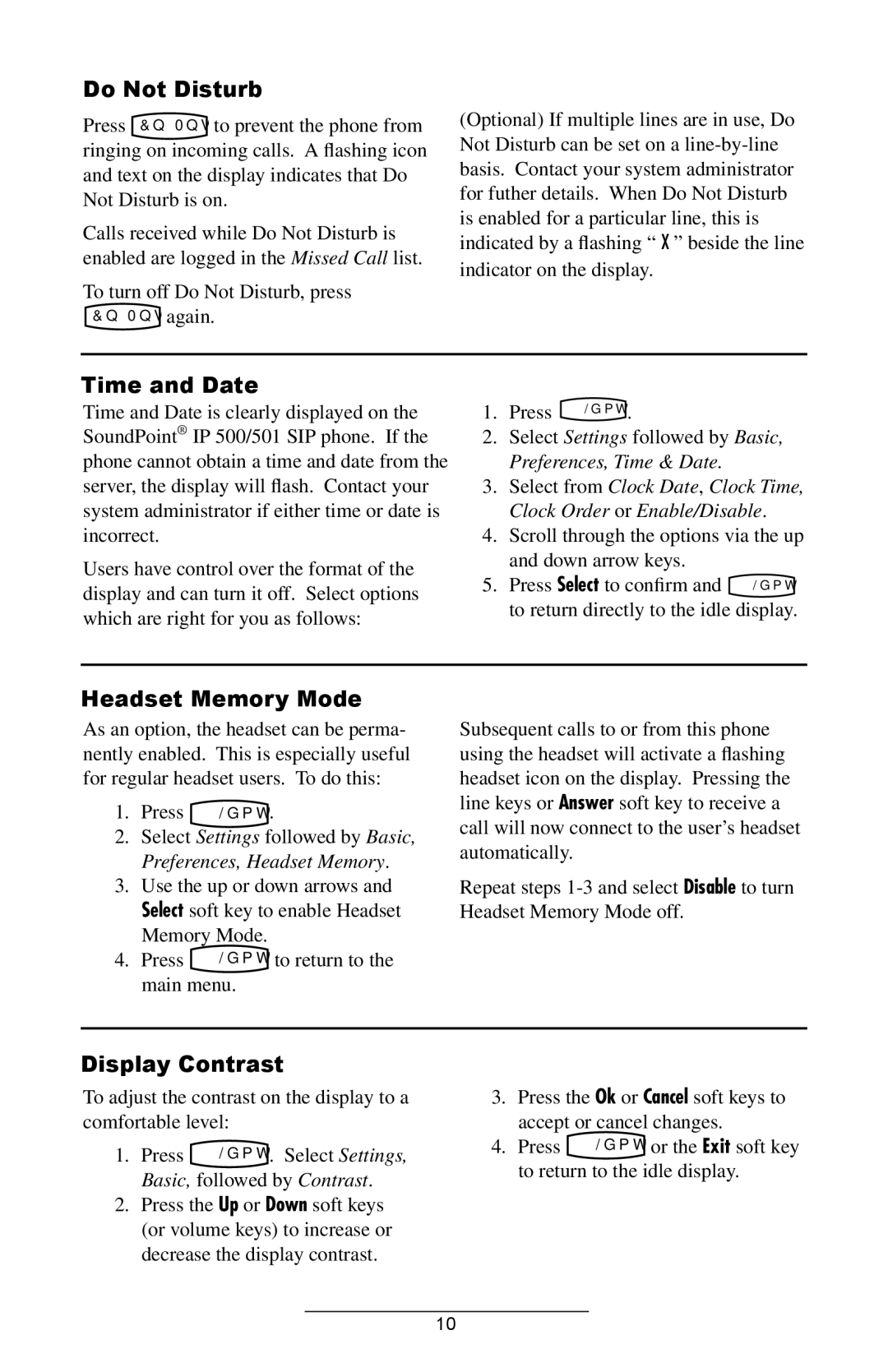 Polycom IP 501 SIP manual Do Not Disturb, Time and Date, Headset Memory Mode, Display Contrast, Basic, followed by Contrast 