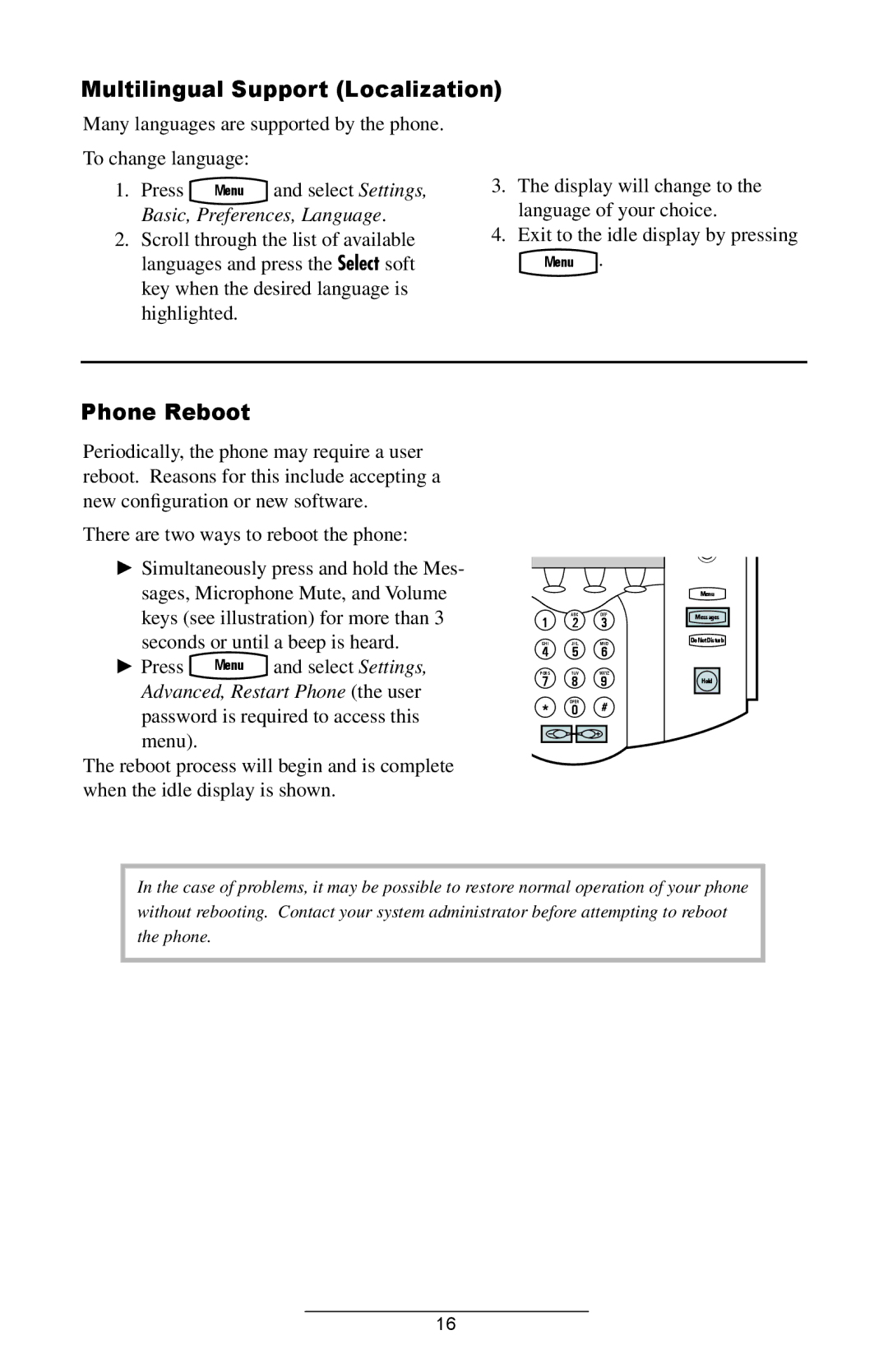 Polycom IP 501 SIP manual Multilingual Support Localization, Phone Reboot, Basic, Preferences, Language 