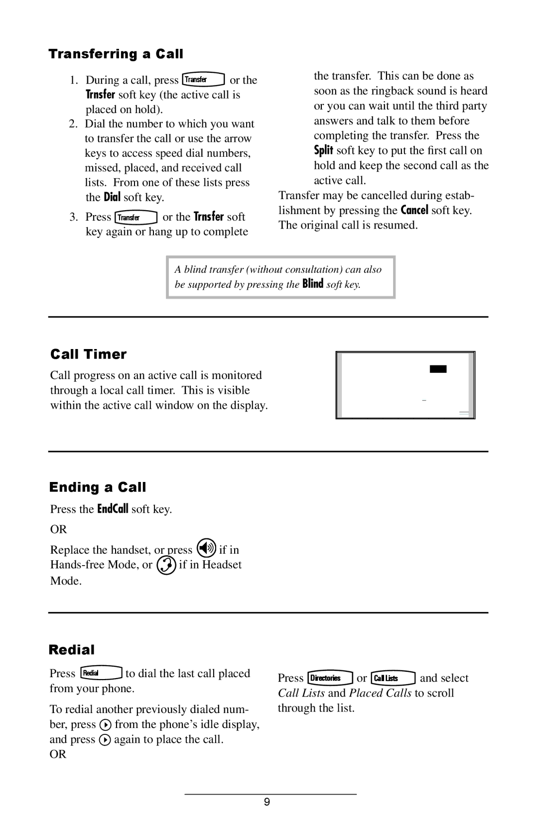 Polycom IP 501 manual Transferring a Call, Call Timer, Ending a Call, Redial 