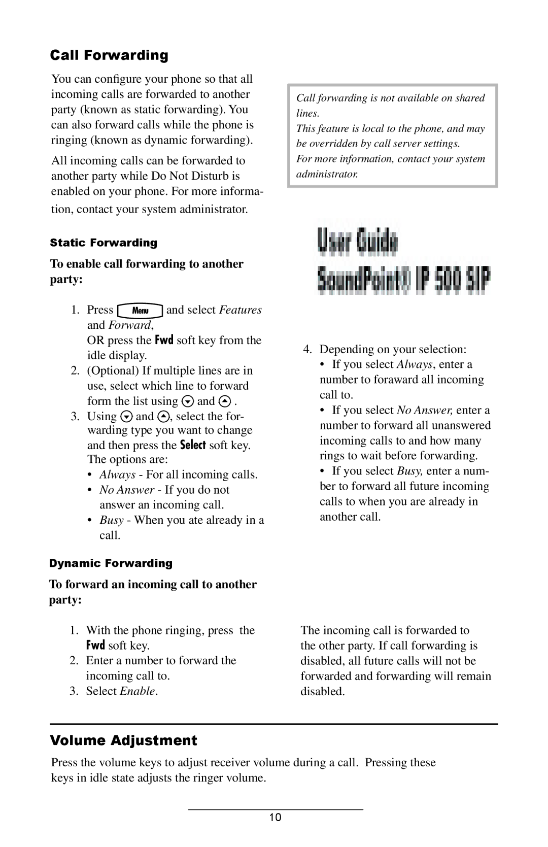 Polycom IP 501 manual Call Forwarding, Volume Adjustment, To enable call forwarding to another party 