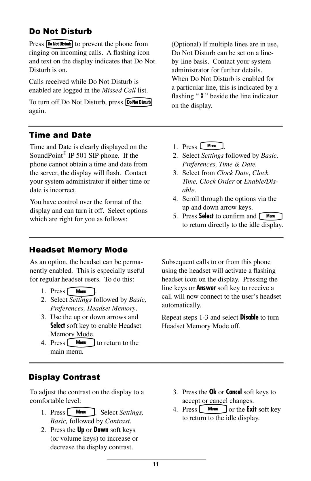 Polycom IP 501 manual Do Not Disturb, Time and Date, Headset Memory Mode, Display Contrast, Basic, followed by Contrast 