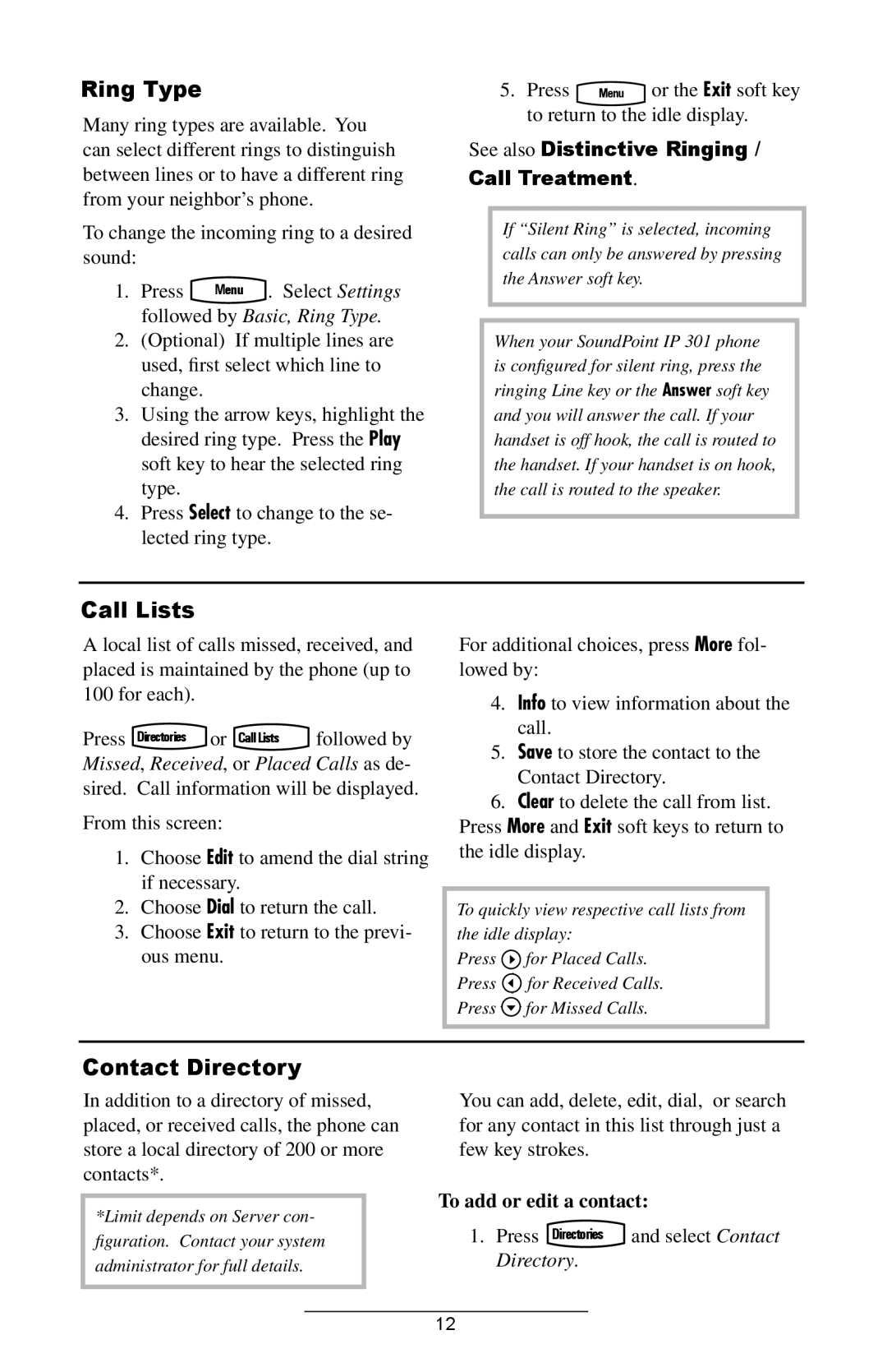 Polycom IP 501 manual Ring Type, Call Lists, Contact Directory, See also Distinctive Ringing / Call Treatment 