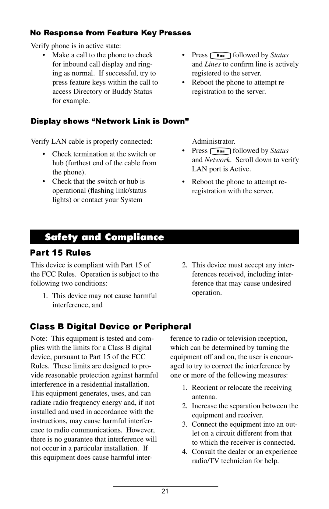 Polycom IP 501 manual Safety and Compliance, Class B Digital Device or Peripheral, No Response from Feature Key Presses 