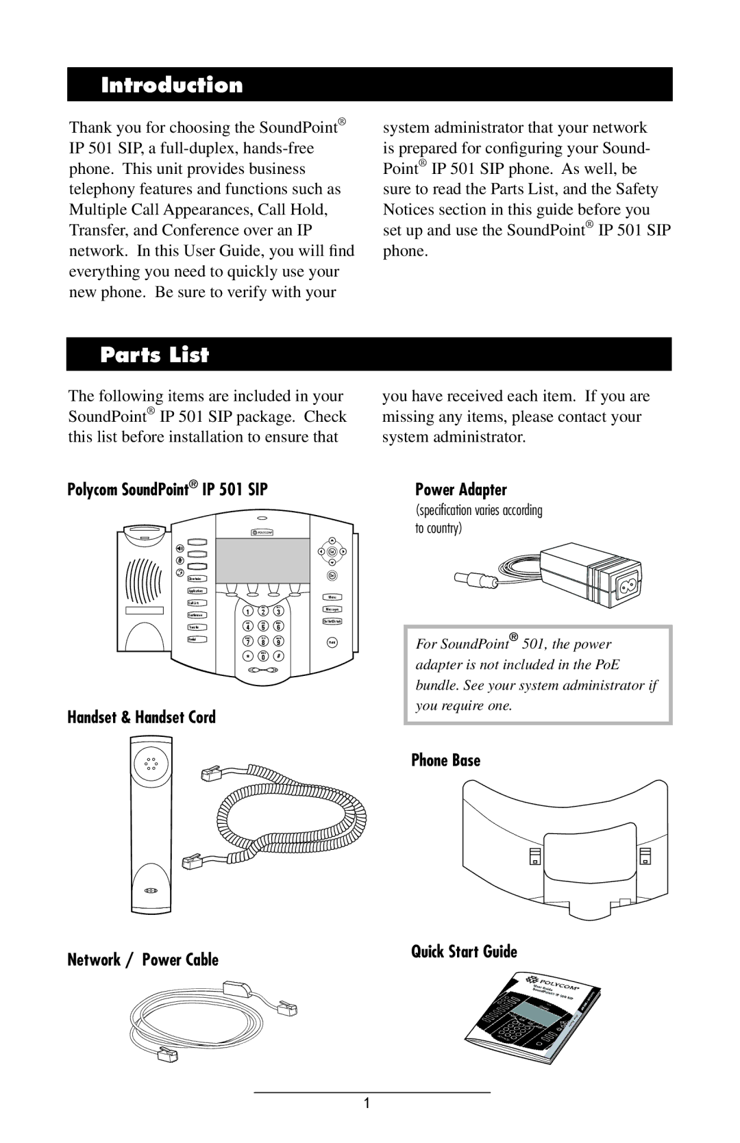 Polycom IP 501 manual Introduction, Parts List 