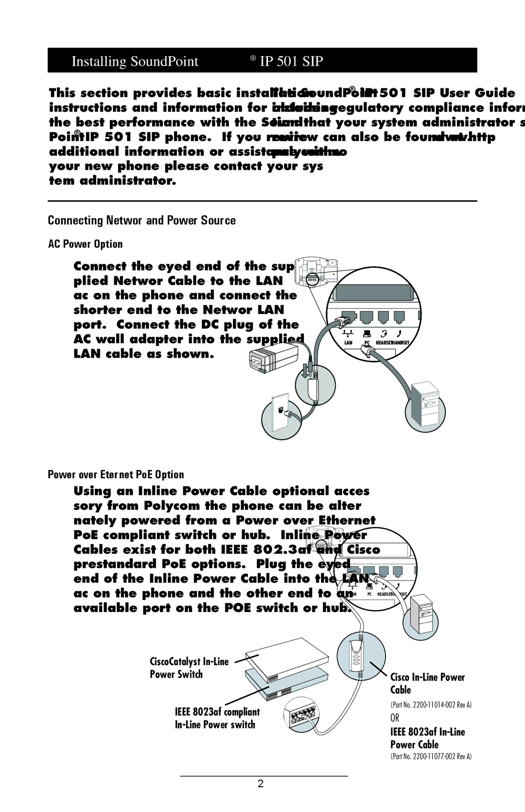 Polycom manual Installing SoundPoint IP 501 SIP, Connecting Network and Power Source, AC Power Option 