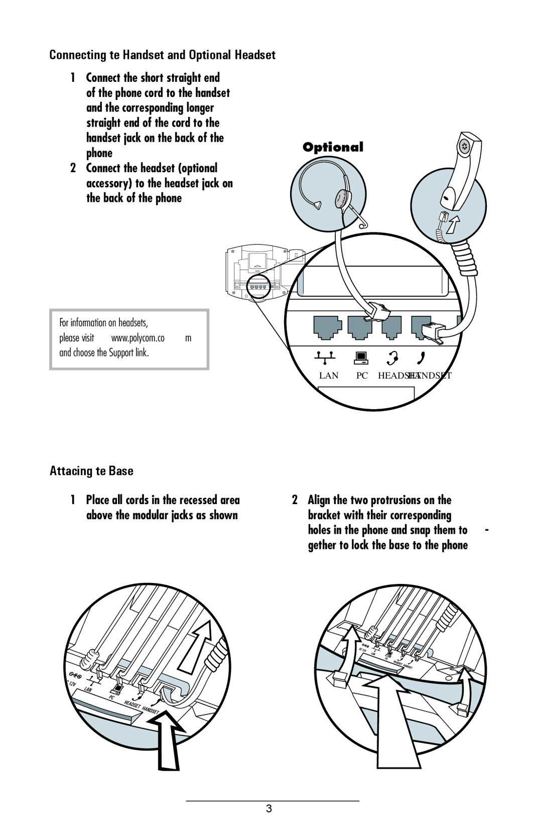 Polycom IP 501 manual Connecting the Handset and Optional Headset, Attaching the Base, Phone.Optional 