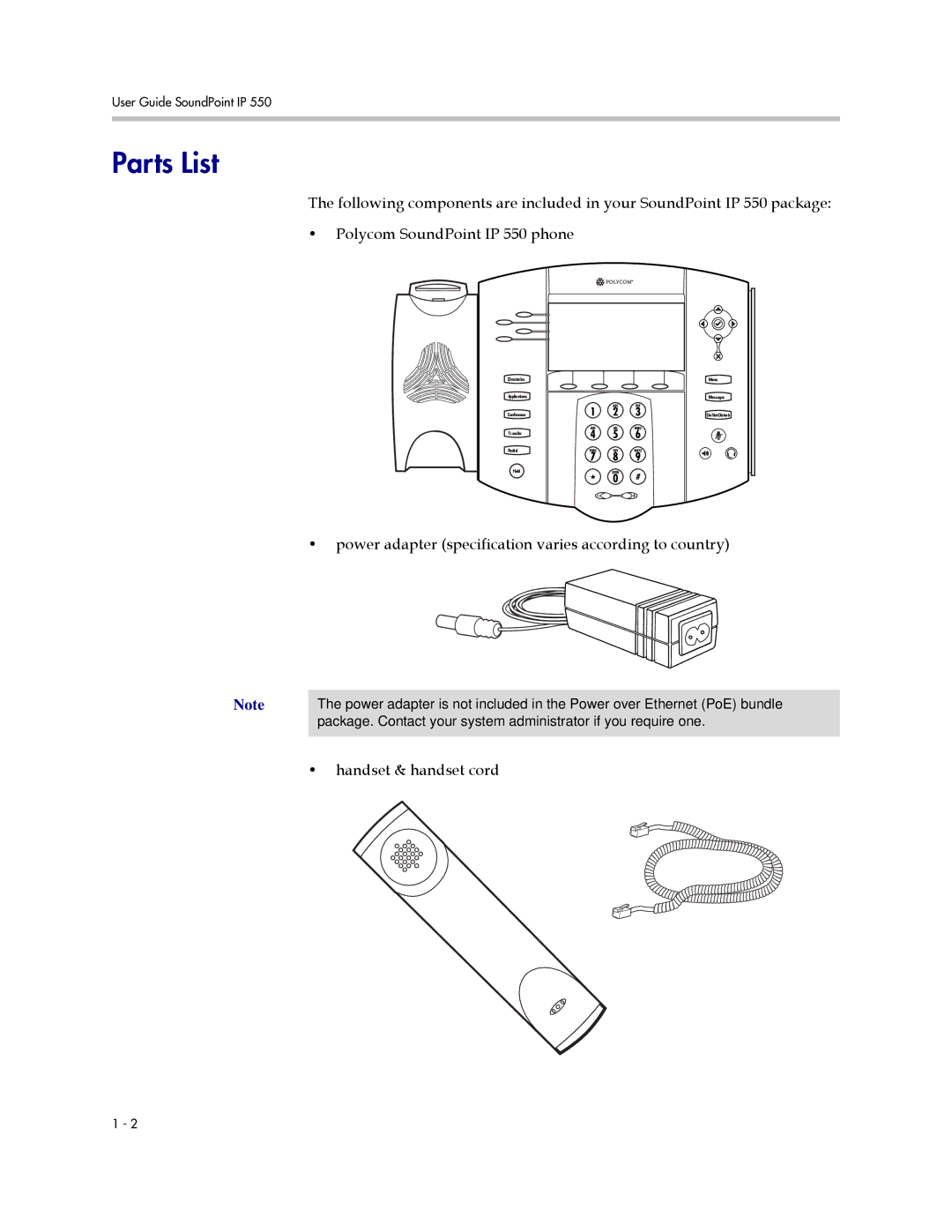 Polycom IP 550 manual Parts List, Power adapter specification varies according to country 