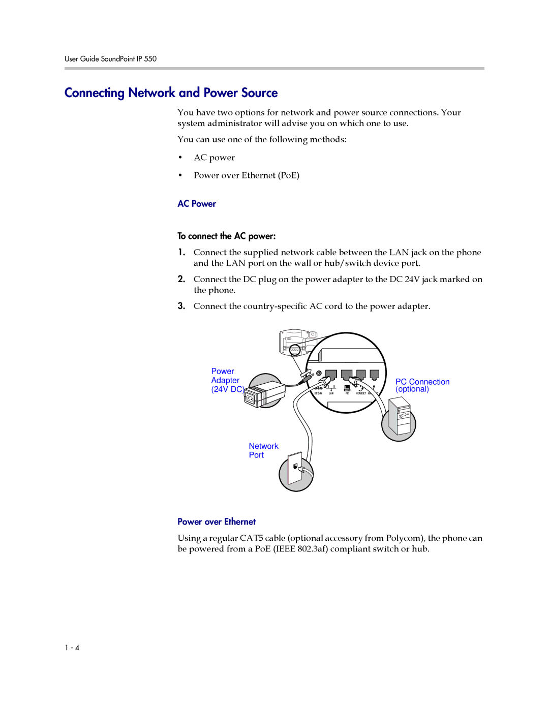 Polycom IP 550 manual Connecting Network and Power Source 