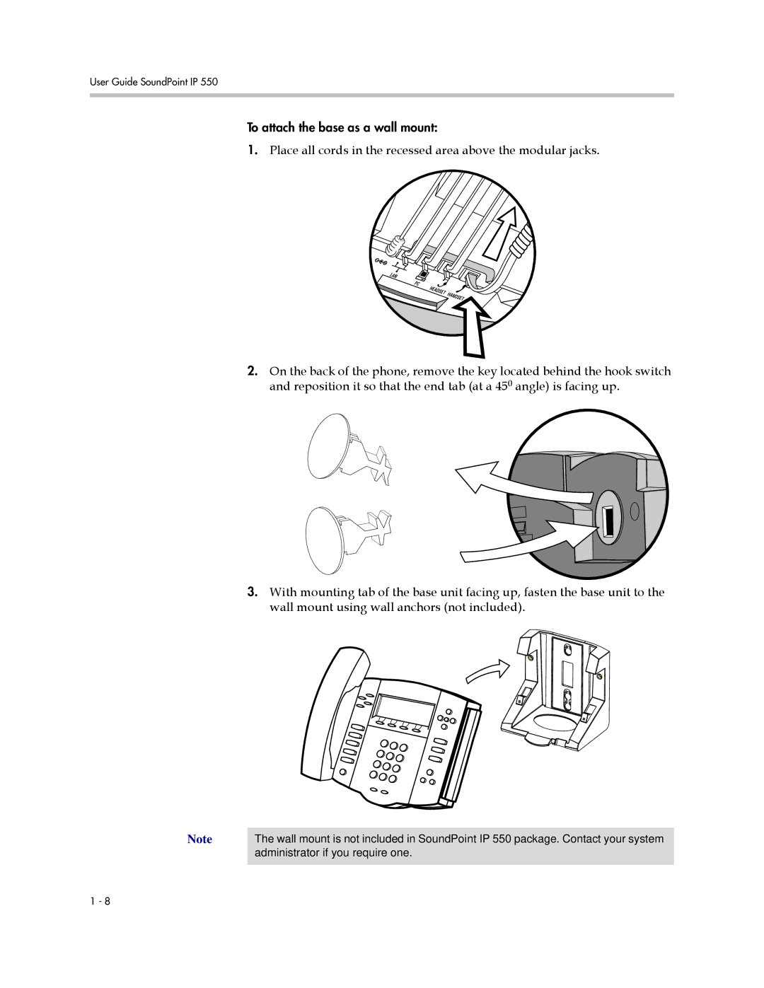 Polycom IP 550 manual To attach the base as a wall mount 