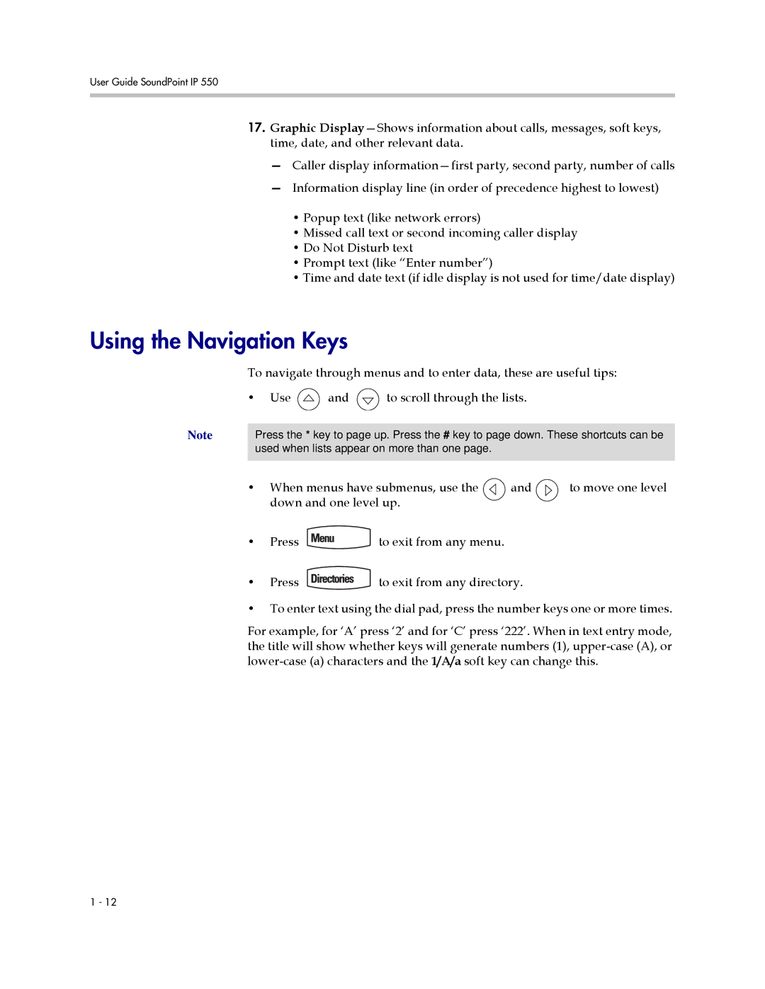 Polycom IP 550 manual Using the Navigation Keys 