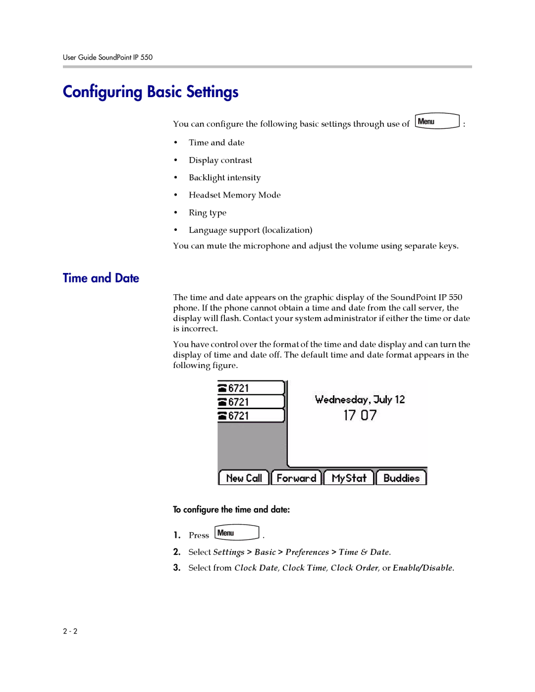 Polycom IP 550 manual Configuring Basic Settings, Time and Date 