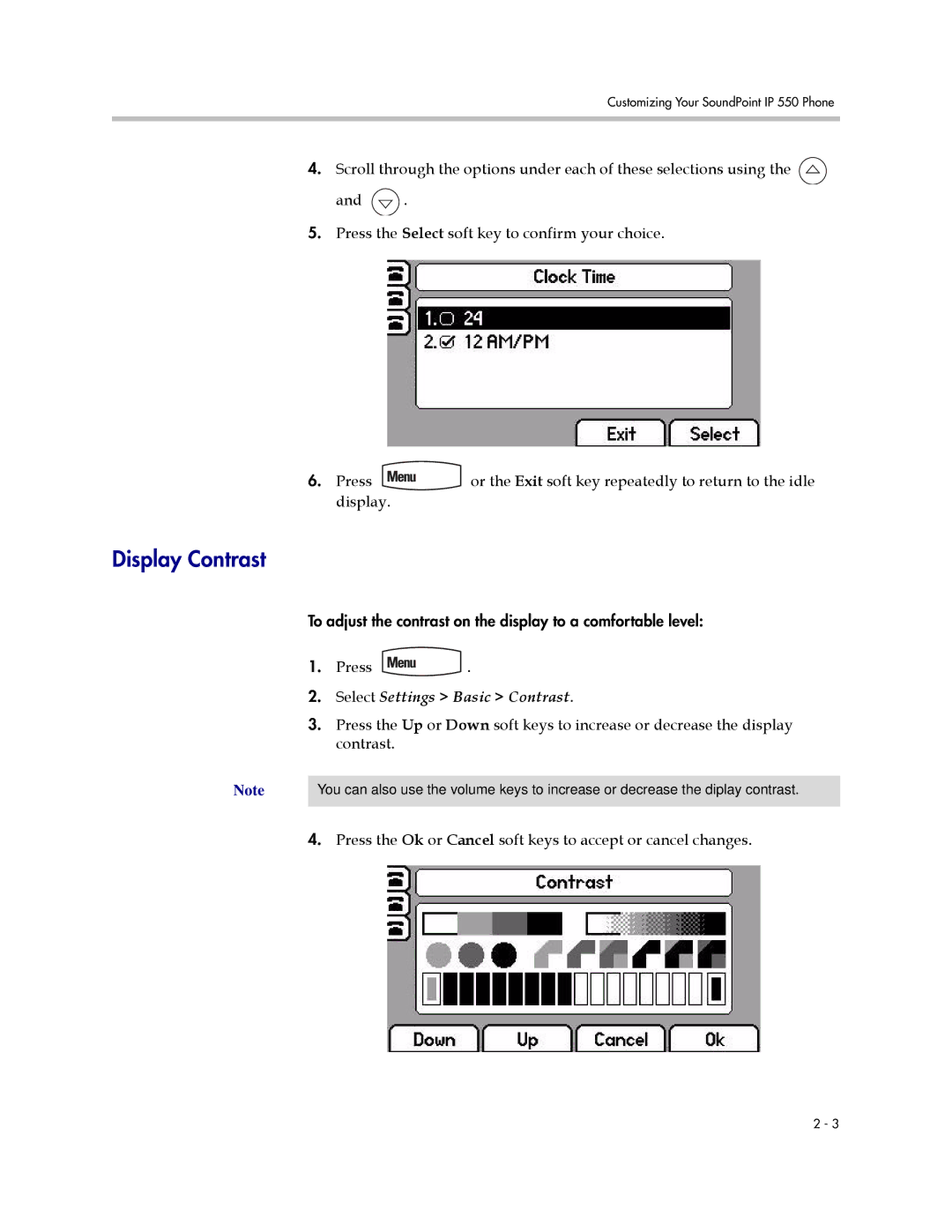 Polycom IP 550 manual Display Contrast, Select Settings Basic Contrast 