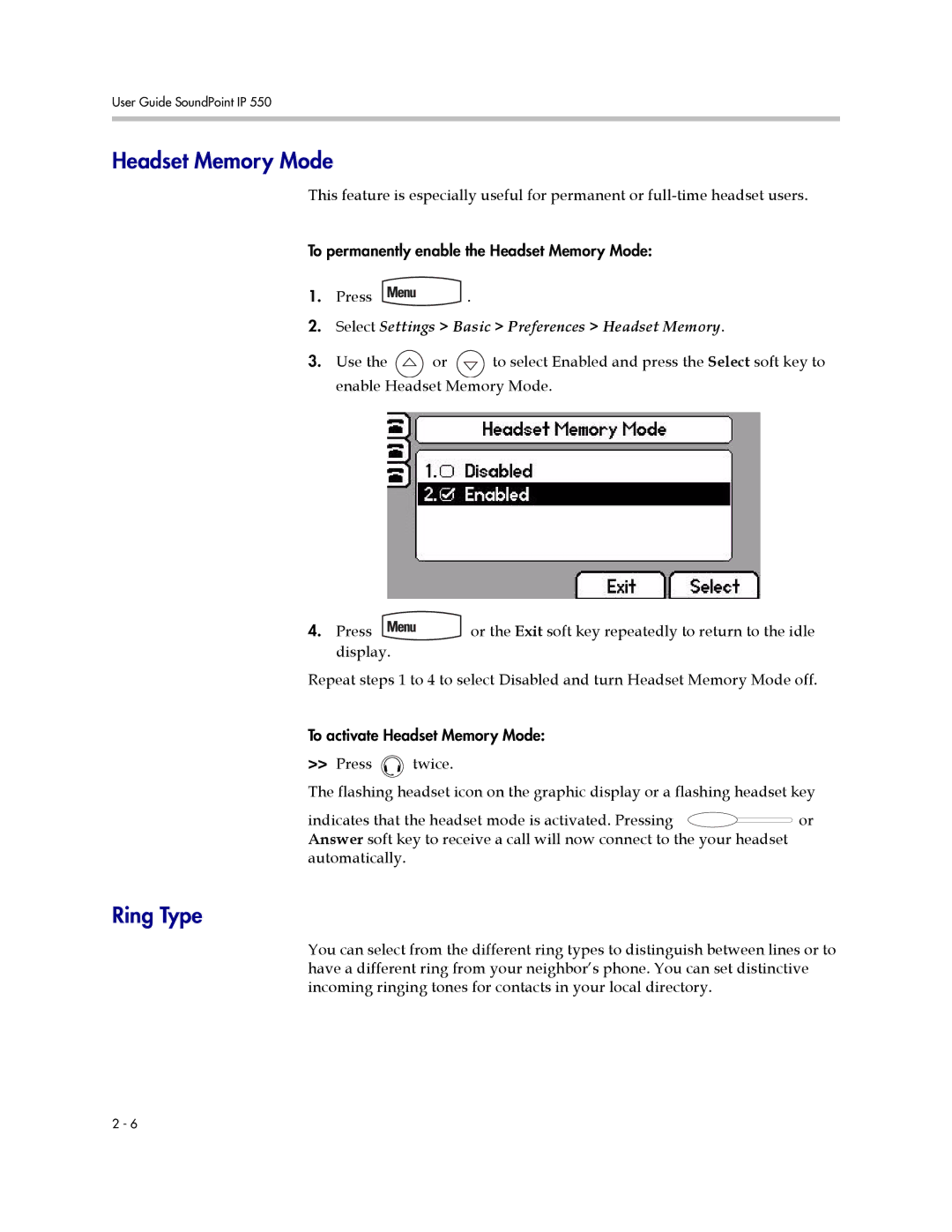 Polycom IP 550 manual Headset Memory Mode, Ring Type, Select Settings Basic Preferences Headset Memory 