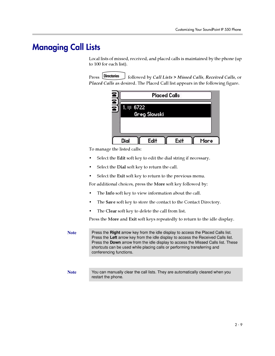 Polycom IP 550 manual Managing Call Lists 