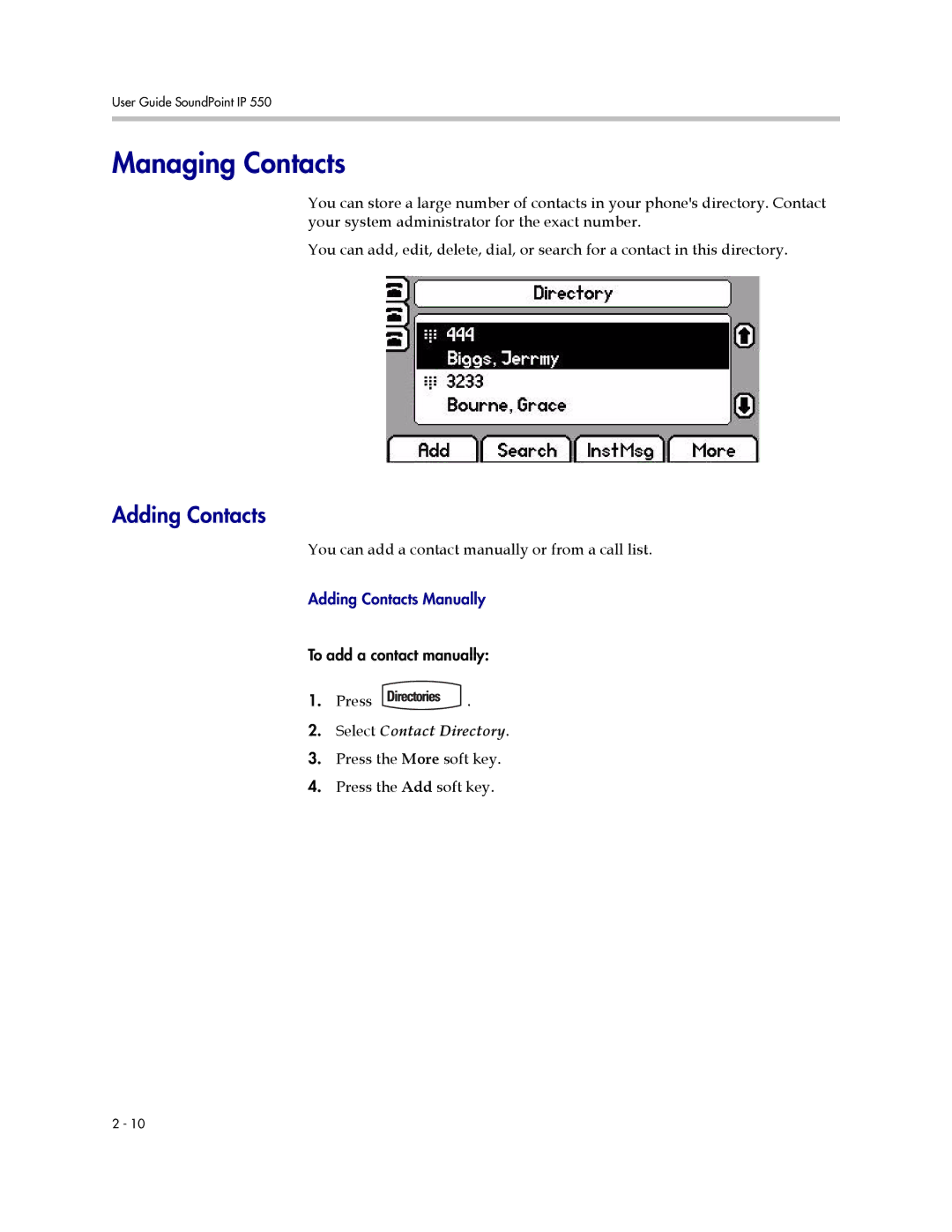 Polycom IP 550 manual Managing Contacts, Adding Contacts, Select Contact Directory 