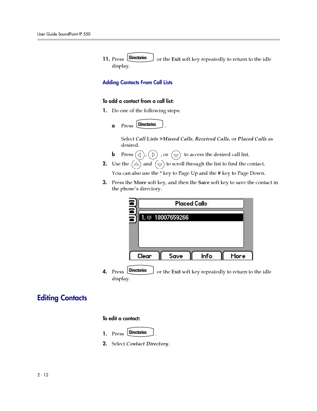 Polycom IP 550 manual Editing Contacts 