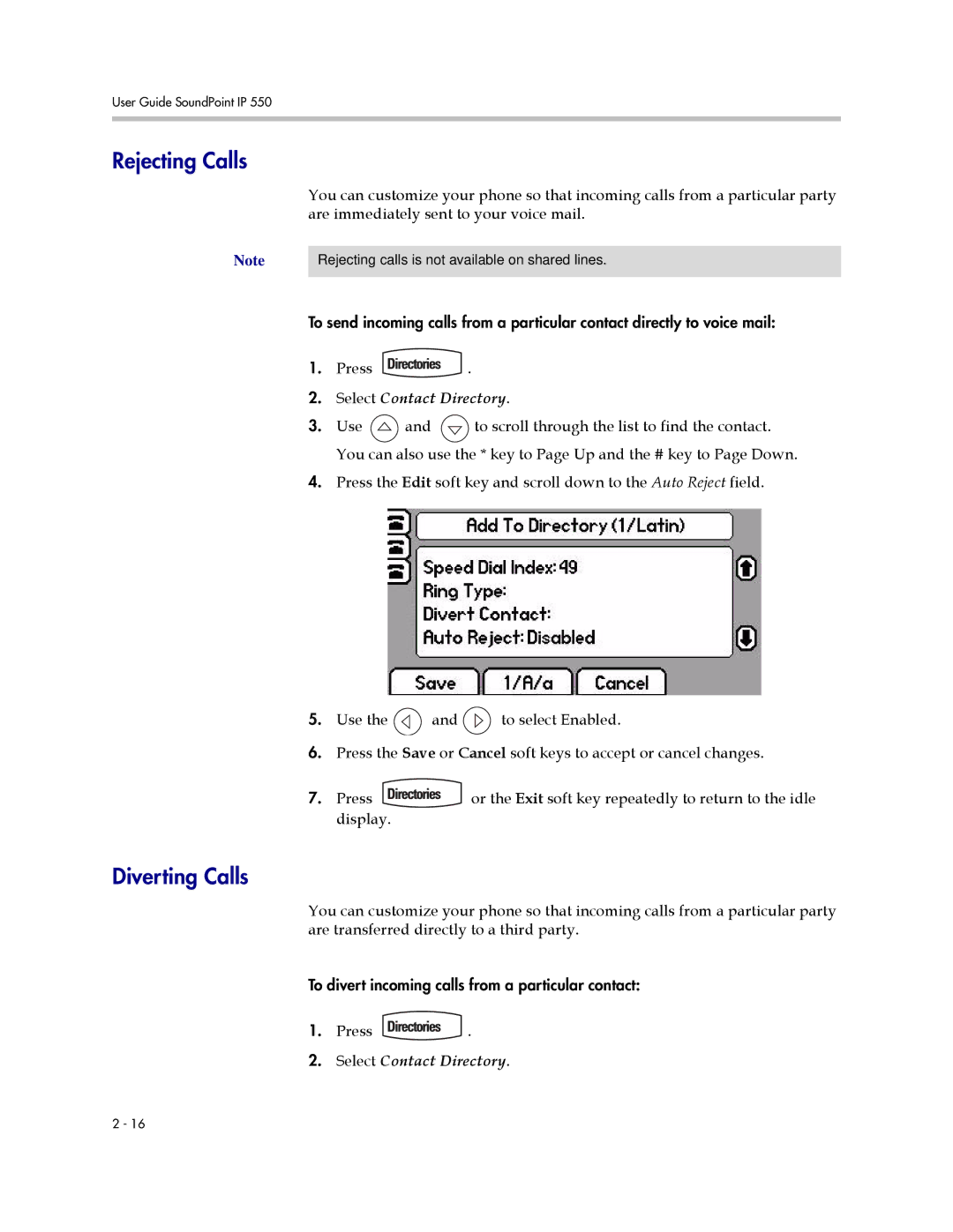 Polycom IP 550 manual Rejecting Calls, Diverting Calls 